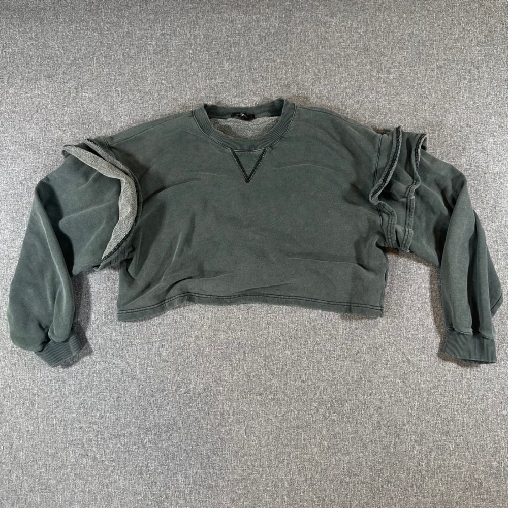 7 For All Mankind Womens Cropped Sweatshirt Ruffle Sleeve Grey Pullover Medium
